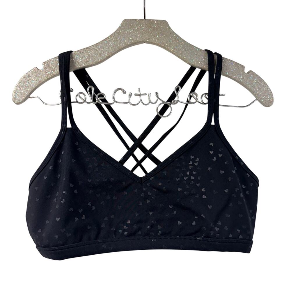 Beyond Yoga Criss Cross Back Black Sports Bra Heart Print Large